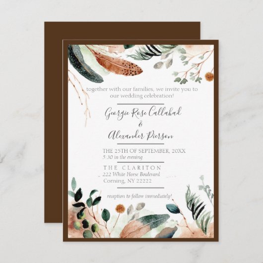 Boho Feather & Eucalyptus Faire-part de mariage (Devant / Derrière)