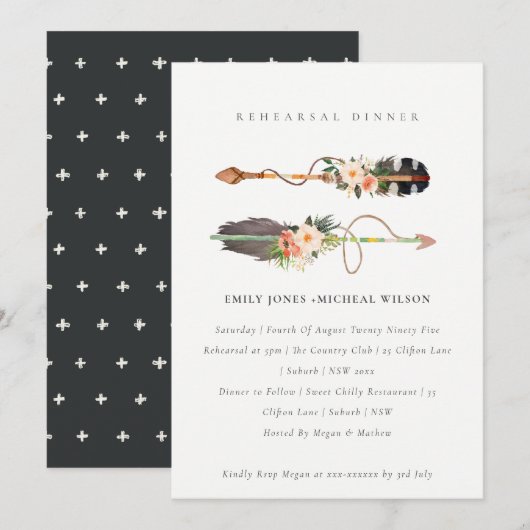 Boho Feather Floral Arrow Rehearsal Dinner Invite Bedankkaart (Voorkant / Achterkant)