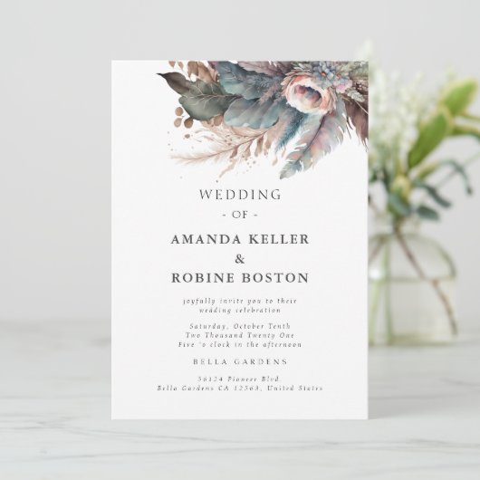 Boho Feather Floral Faire-part de mariage (Debout devant)