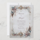 Boho Feather Floral Gold Jewel Frame Wedding Kaart (Voorkant)