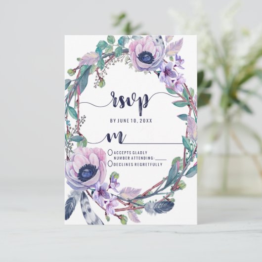 Boho Feather & Floral Wreath Bruiloft RSVP Reactie (Staand voorkant)