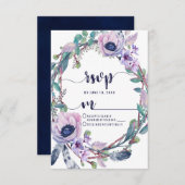 Boho Feather & Floral Wreath Bruiloft RSVP Reactie (Voorkant / Achterkant)