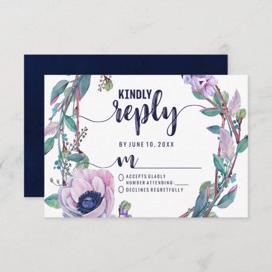 Boho Feather & Floral Wreath Mariage Réponse RSVP (Devant / Derrière)