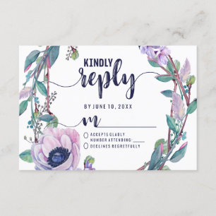 Boho Feather & Floral Wreath Trouwantwoord RSVP Kaartje
