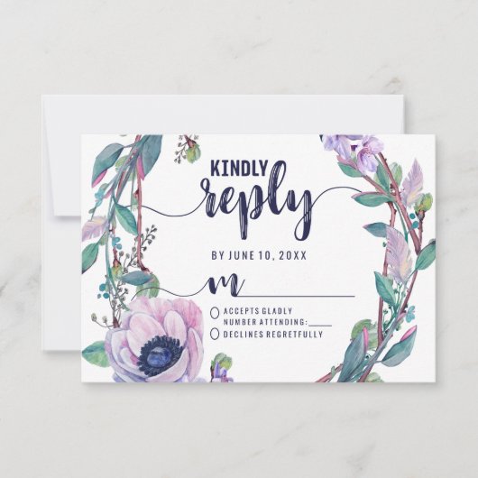 Boho Feather & Floral Wreath Trouwantwoord RSVP Kaartje (Voorkant)