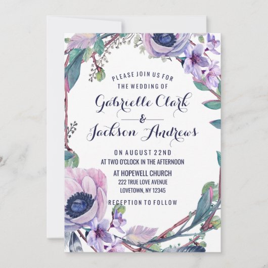 Boho Feather & Floral Wreath Wedding Invitations (Devant)