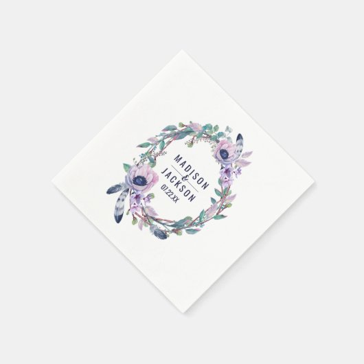 Boho Feather & Floral Wreath Wedding Monogram Servet (Hoek)
