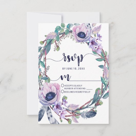 Boho Feather & Floral Wreath Wedding Réponse RSVP (Devant)