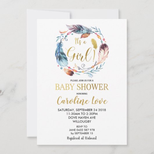 Boho Feather Krans Baby shower Invitation Girl Kaart (Voorkant)