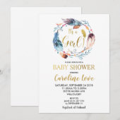 Boho Feather Krans Baby shower Invitation Girl Kaart (Voorkant / Achterkant)