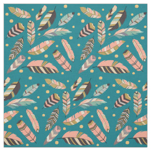 Boho Feather Pattern on Blauwgroen Stof