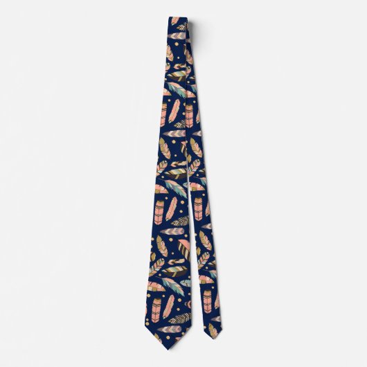 Boho Feather Pattern op Navy Blue Stropdas (Voorkant)