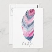 Boho Feather Pink Grey Waterverf Hartelijk dank Briefkaart (Voorkant / Achterkant)