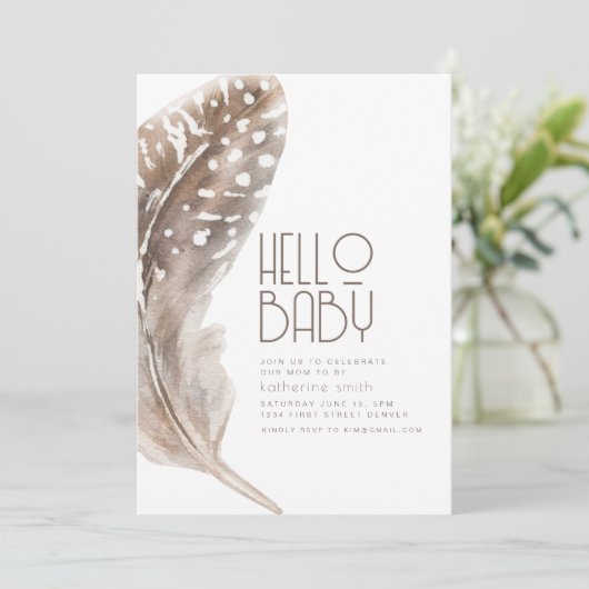 Boho Feather Thema Baby shower Uitnodiging (Staand voorkant)