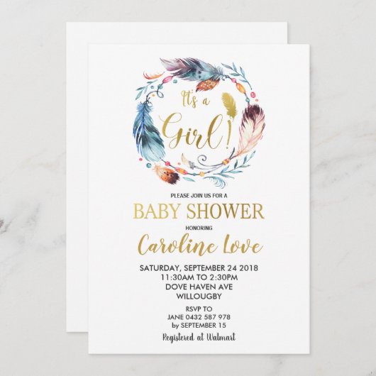 Boho Feather Wreath Baby shower Invitation Girl (Devant / Derrière)