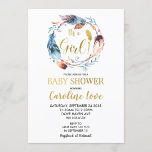Boho Feather Wreath Baby shower Invitation Girl Kaart