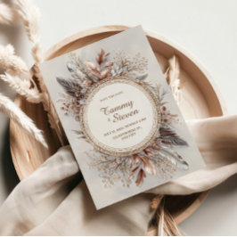 Boho Feather Wreath Earth Tone Gold Frame Wedding Kaart