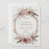 Boho Feather Wreath Pink Floral Gold Wedding Kaart (Voorkant)