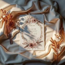 Boho Feather Wreath Pink Floral Gold Wedding Kaart