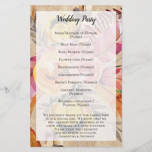 Boho Feathers Arrows Flowers Rustic Wedding (Achterkant)