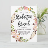 Boho Feathers & Floral Wreath Afstuderen Brunch Kaart (Staand voorkant)