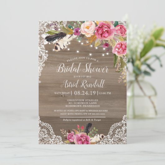 Boho Feathers & Lace Rustic Bridal of Baby shower Kaart (Staand voorkant)