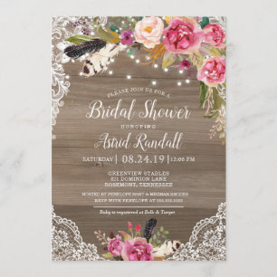 Boho Feathers & Lace Rustic Bridal of Baby shower Kaart