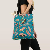 Boho Feathers op het Blauwgroen Patroon Tote Bag (Dichtbij)
