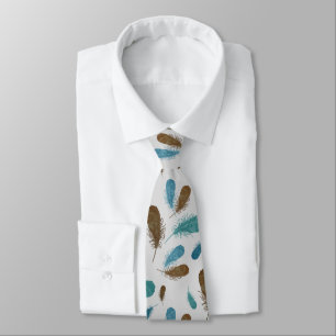 Boho Feathers Pattern Blue Brown Stropdas