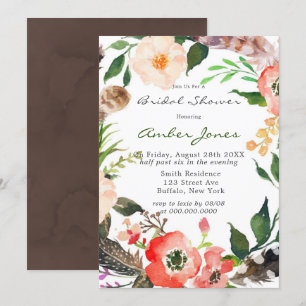 Boho Feathers Red Poppy Bridal Shower Invitation Kaart