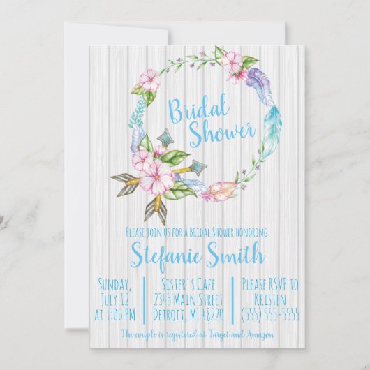 Boho Feathers Wreath Bridal Shower Invitation (Devant)