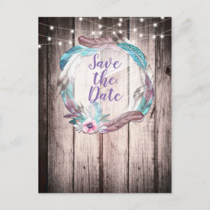Boho Feathers Wreath & String Lights Save the Date Aankondigingskaart