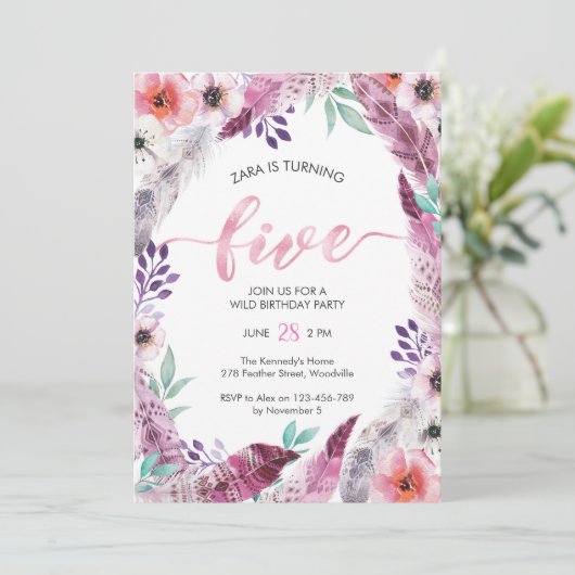 Boho fête d'anniversaire Invitation | 5e anniversa (Debout devant)