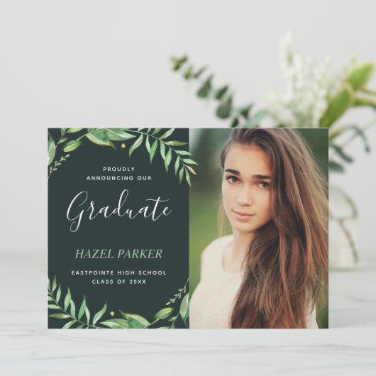 Boho Feuille Photo Graduation Invitation (Debout devant)