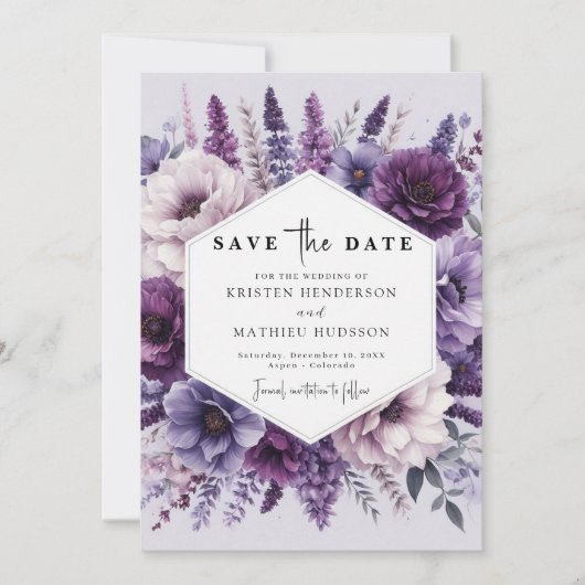 Boho Field Paarse Bloemen Huwelijk Save The Date (Voorkant)