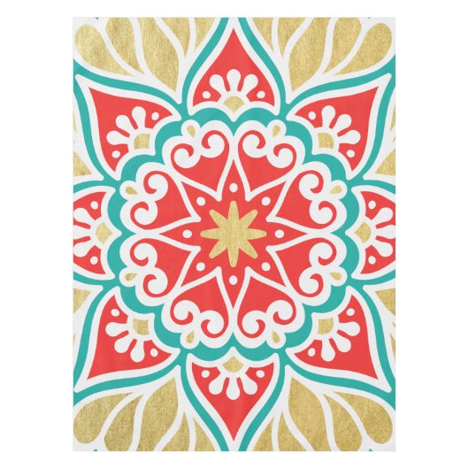 Boho Fiesta Blauwgroen Red & Gold Geometric Tablec Tafelkleed (Voorkant)