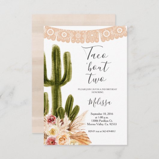 Boho Fiesta Taco à propos de deux Invitations d'an (Devant / Derrière)