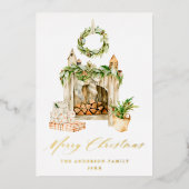 Boho Fireplace met Greenery Folie Feestdagenkaart (Voorkant)