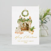 Boho Fireplace met Greenery Folie Feestdagenkaart (Staand Voorkant)