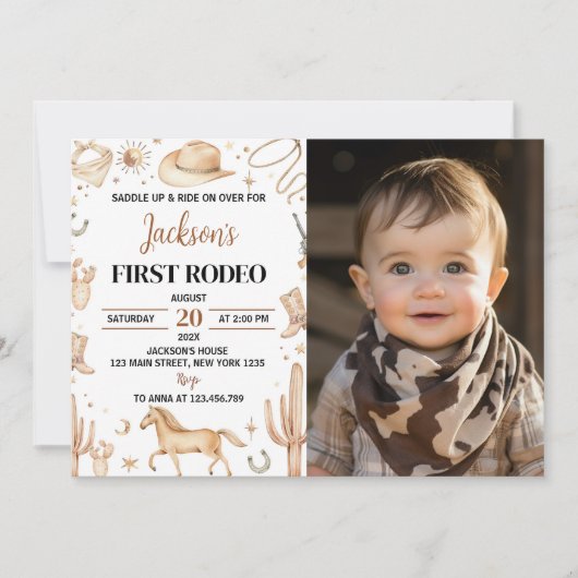 Boho First Rodeo 1st Birthday Photo Invitation (Devant)