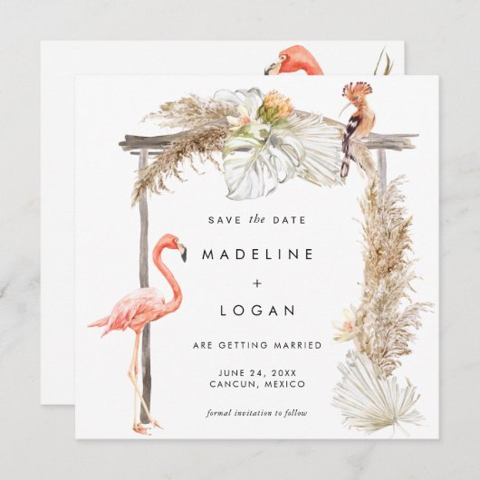 Boho Flamingo Wedding Arch Save the Date Aankondiging (Voorkant / Achterkant)