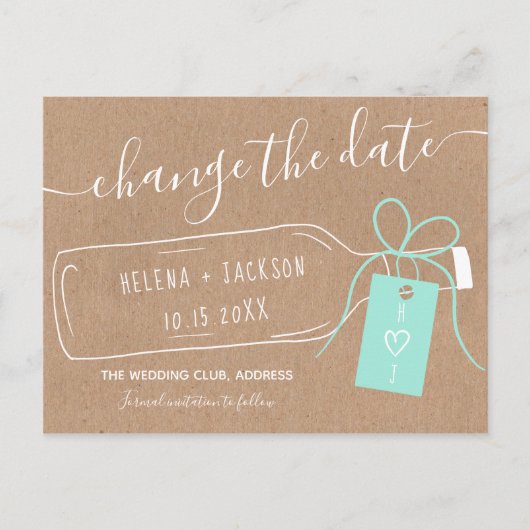 Boho fles message kraft script verandering datum aankondigingskaart (Voorkant)