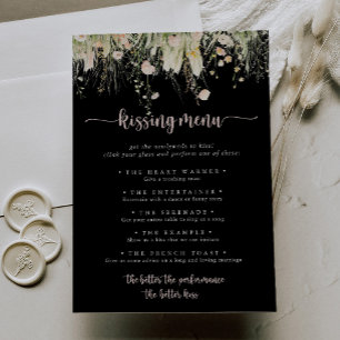 Boho Fleur sauvage Black Mariage Kissing Menu Jeu