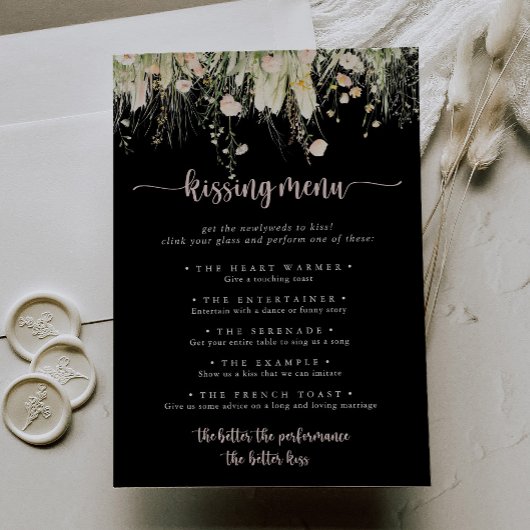 Boho Fleur sauvage Black Mariage Kissing Menu Jeu