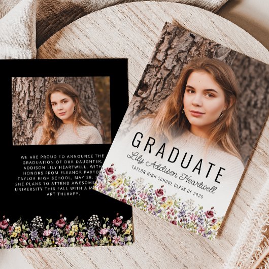 Boho Fleur sauvage Black Photo Grad Faire-part
