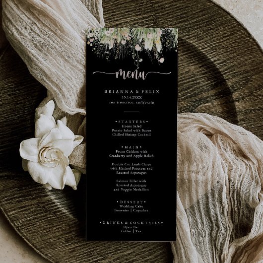 Boho Fleur sauvage de verdure Menu du dîner noir