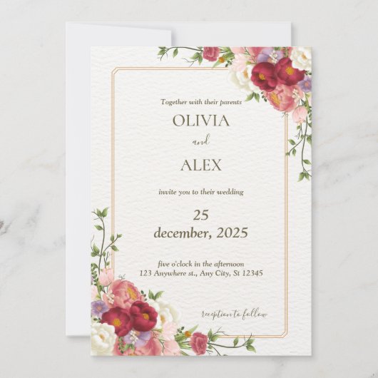 Boho Fleur sauvage Fleur rouge foncé Faire-part de (Devant)