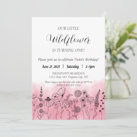 Boho Fleur sauvage Invitation Anniversaire de enfa (Debout devant)
