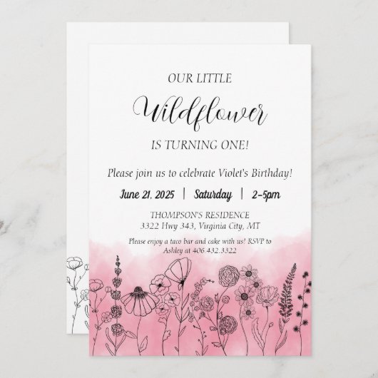 Boho Fleur sauvage Invitation Anniversaire de enfa (Devant / Derrière)