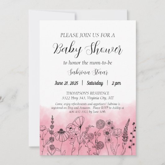 Boho Fleur sauvage Invitation Baby shower aquarell (Devant)